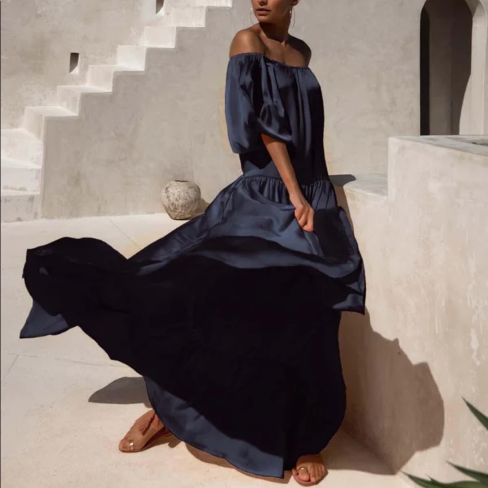 Black, satin maxi dress with matching satin belt